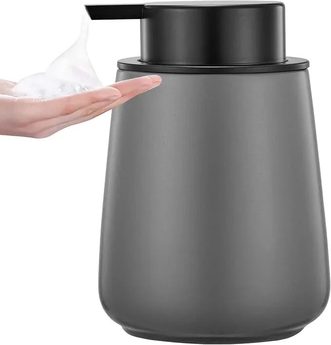 12Oz Grey Foaming Soap Dispenser – Ceramic Foam Hand Soap Dispenser with Easy-to-Press Black Pump, Refillable Bathroom Lotion Soap Dispenser, Dish Soap Dispenser for Kitchen Hand Wash Dispenser