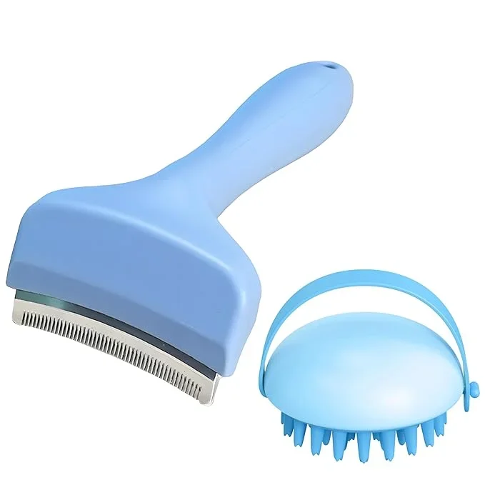 2 Pack Pet Grooming Set, Short Teeth Stainless Steel Deshedding Brush for Short-Haired Dogs and Soft Silicone Circular Bath Brush, Efficient Fur Removal and Gentle Cleaning (Blue, Large)