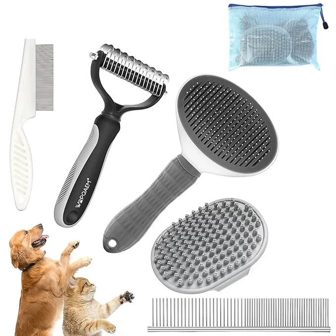 5 in 1 Dog Grooming Kit – Self-Cleaning Slicker Brush for Shedding Short Long Haired Dogs & Cats, Includes Pet Comb, Flea Comb, Bath Brush, Undercoat Rake – Complete Fur Care Set – Gray