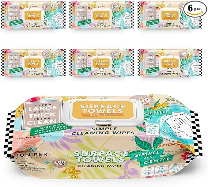 6 Packs Surface Cleaning Wipes Bleach Free, Thick & Large Dispose, All-Purpose Cleaner for Bathroom, Kitchen, Office, 600 Count Soft Flow, Biodegradable, Citrus Scent