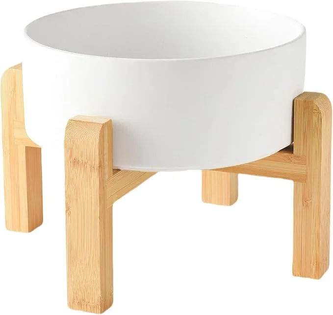8” Ceramic Raised Dog Bowl – 70Oz Dog Food & Water Bowl with Elevated Non-Slip Bamboo Stand, Dishwasher & Microwave Safe, Anti Vomiting Heavy Duty Pet Bowl for Medium and Large Dogs, White