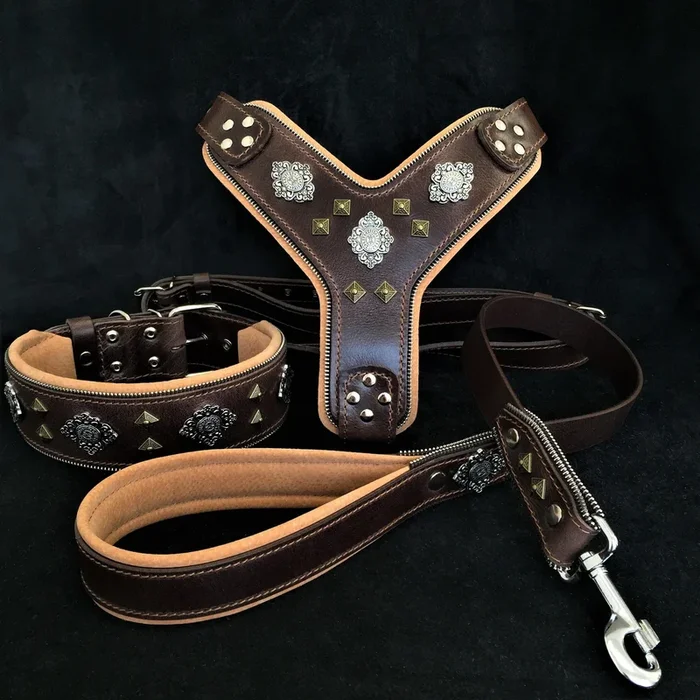 “AZTEC” BIG dog SET – Harness – collar – lead. Brown