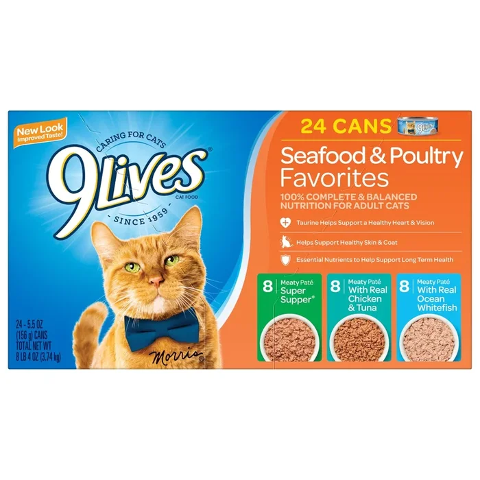 9Lives Seafood and Poultry Favorites Meaty Pate Canned Cat Food – Variety Pack – 5.5 Oz – Case of 24