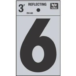 Address Number, “6”, Reflective, Black Vinyl Adhesive, 3-In.