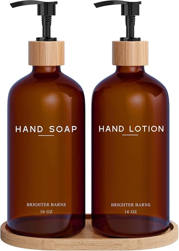 Amber Glass Soap and Lotion Dispenser Set with Tray by Brighter Barns – Hand Soap Dispenser Bathroom Set – Glass Bottles with Pump – Bamboo Home Accessories & Modern Bathroom Decor for Airbnb (Amber)