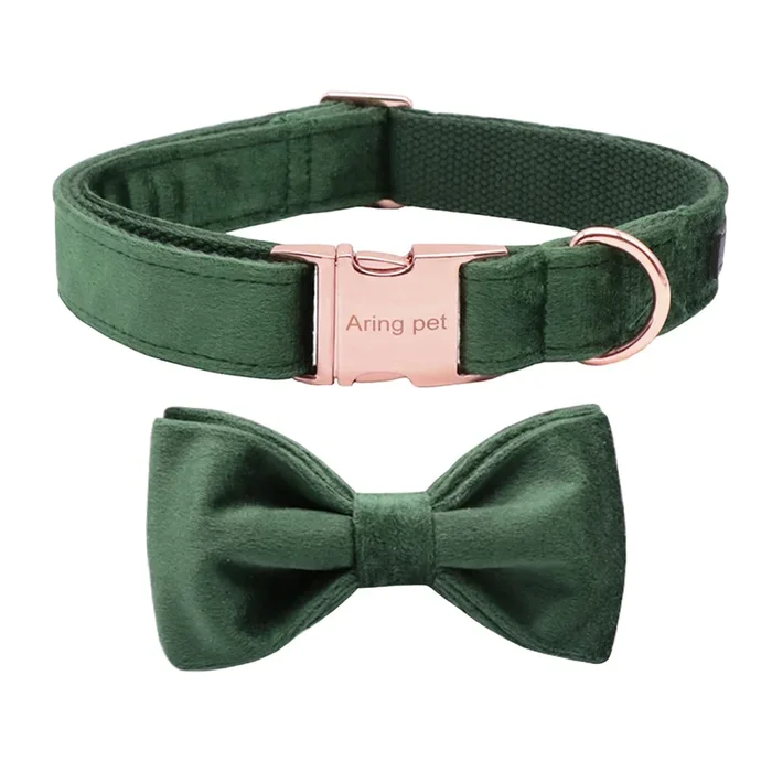 Aring Pet Dog Collars With Bowtie-Velvet Dog Bow Tie Collar, Adjustable Dark Green Dog Collar