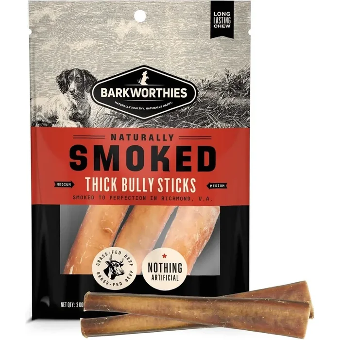 Barkworthies 개 간식 자연적으로 훈제된 두꺼운 불리 스틱 (3팩)