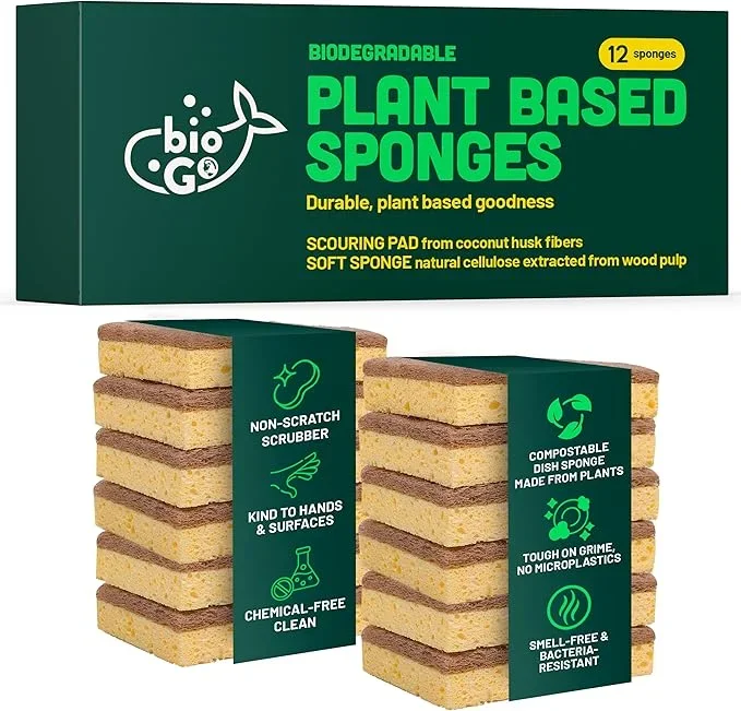 bioGo 12 Pack Natural Biodegradable Kitchen Sponges – Eco-Friendly, Compostable, Cellulose Dish – Compostable – Biodegradable – Cellulose Sponge
