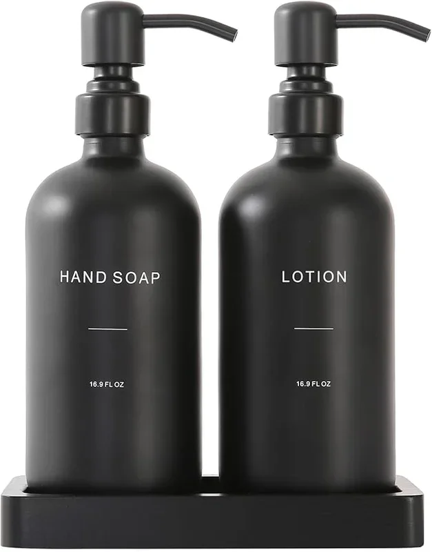 Black Soap Dispenser Bathroom Set, Soap and Lotion Dispenser Set with Stainless Steel Pump, Perfect for Bathroom Decor. (Black)