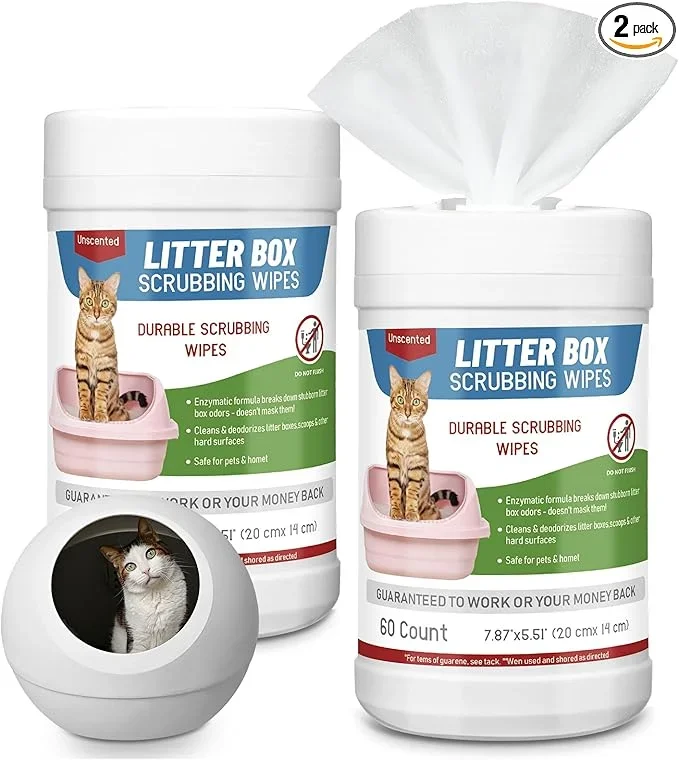 Breling 2 Pack Litter Box Scrubbing Wipes 120 Count Pets Cat Litter Box Cleaning Wipes Unscented Removes Stains Easily for Pet Cleaning Supplies