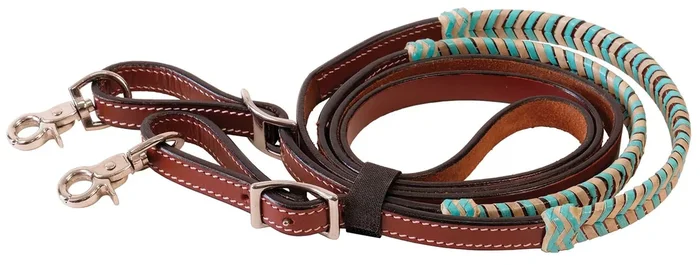 Buffalo Leather Turquoise Rawhide Laced Roping Rein, 7 ft