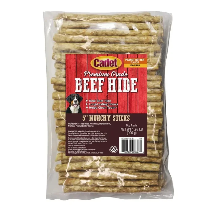 Cadet Gourmet Munchy Rawhide Sticks Natural Dog Chews – Peanut Butter – 5 In – 100 Pack
