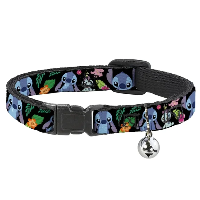 Cat Collar Breakaway Ohana Means Family Stitch Scrump Poses Tropical Flora Black 8 To 12 Inches 0.5 Inch Wide