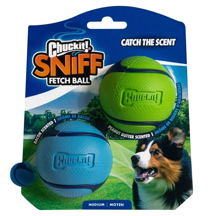Chuckit! Petmate Sniff Ball High-Bounce Bacon and Peanut Butter Scented Rubber Dog Toys – Medium – 2.5 Inch -2 Pack