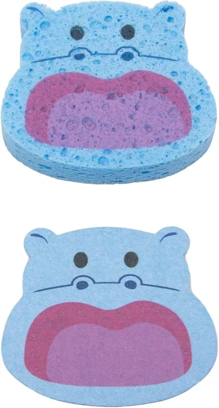Cute Compressed Wood Pulp Cotton Sponges Animal-Shaped Reusable and Highly Absorbent for Dishwashing, Kitchen Surfaces, and Bathroom Cleaning,Hippo,1 Pcs