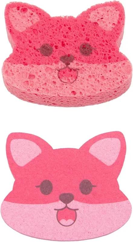 Cute Compressed Wood Pulp Cotton Sponges Animal-Shaped Reusable and Highly Absorbent for Dishwashing, Kitchen Surfaces, and Bathroom Cleaning,Fox,1 Pcs