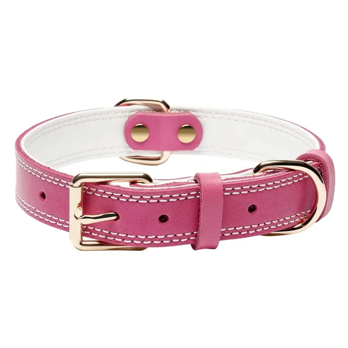 Daihaqiko Genuine Leather Dog Collar, Heavy Duty Dog Collar, Wide Dog Collar For Small Dog, Medium Dog, Large Dog And Extra Large Dog (S: 0.8′ Wide For 13.4′-15.8′ Neck, Dual Stitch – Pink)