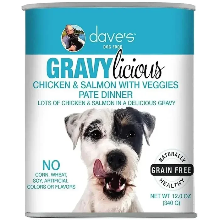 Dave’s Pet Food™ Grain Free Gravylicious Chicken & Salmon Veggies Pate Dinner. Lots of Chicken &