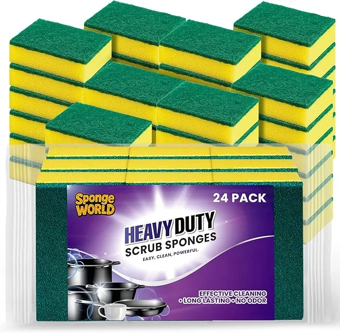Dish Sponge, Non Scratch Sponges, Heavy Duty Scrub Sponge 24 Pack, Kitchen Scrub Sponges, 2.8×4 inch, Pads for Dishes, for Use Everyday for Tough Messes dualsided SPONGE WORLD