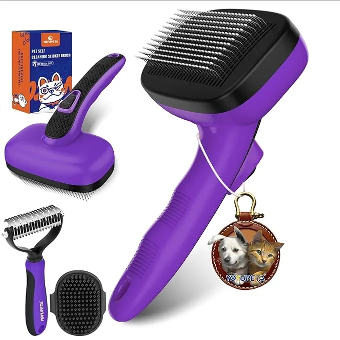 Dog Brush Kit – Self-Cleaning Slicker Brush with Bath Brush & Undercoat Rake | Deshedding Tools for Large – Small Dogs & Cats, Professional 3-in-1 Pet Grooming Set for Heavy Shedding, Purple