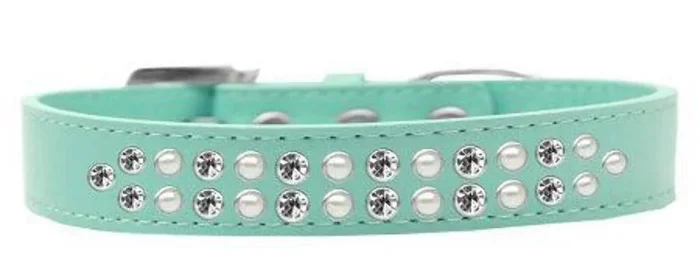 Dog, Puppy & Pet Fashion Collar, “Two Row Pearl And Clear Crystal Rimsets” Aqua 12
