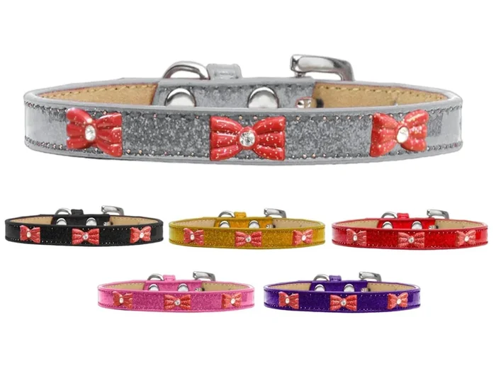 Dog, Puppy & Pet Widget Ice Cream Collar, “Red Glitter Bow” Pink 18