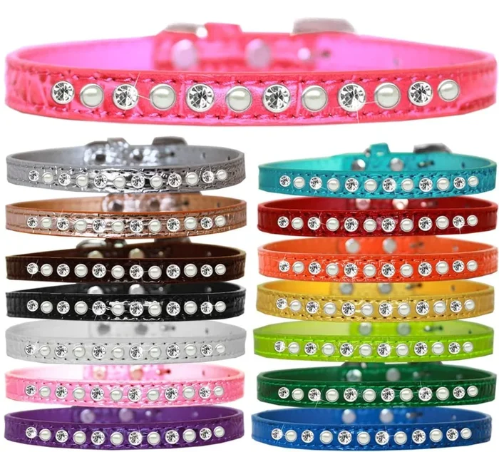 Dog, Puppy and Pet Designer Croc Collar, “One Row Pearl & Clear Crystals Rimsets” Yellow 12