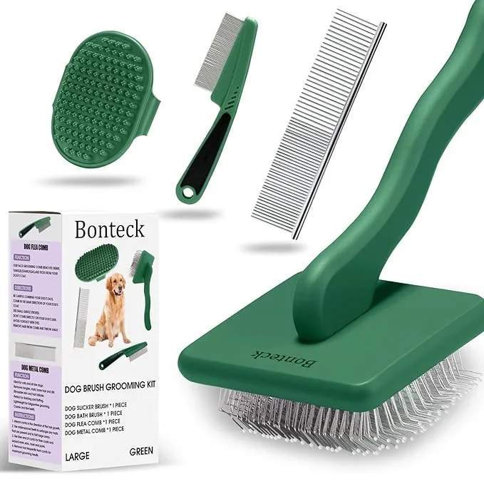 Dog Slicker Brush for Dogs Grooming Kit 4PCS | Large Dog Brush for Goldendoodles Poodles Doodles | Long Pin Haired Brush | Poodle Brushes and Comb (Green)