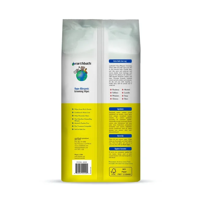 Earthbath® Hypo-Allergenic Plant Based and Fragrance Free Grooming Wipes – Cleans & Conditions- 100 Count