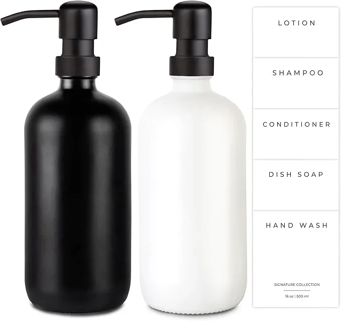 Emerson Essentials Soap Dispenser, Hands and Dishes Bottles, Kitchen Set, Glass Boyylrd with Pump and Labels,16 Ounces, 2-Pack