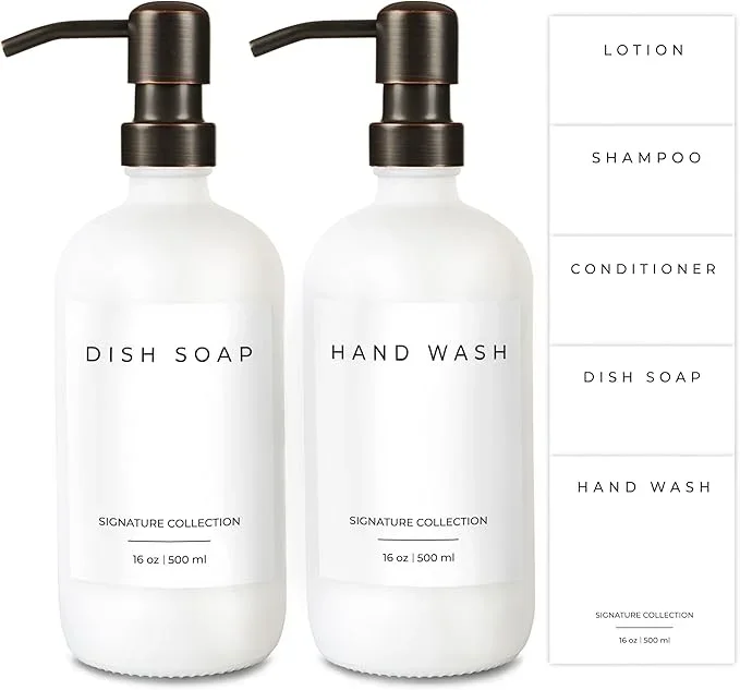 Emerson Soap Dispenser, Dish Soap Dispenser for Kitchen, Soap Dispenser Bathroom Set – Hand Soap Dispenser, Kitchen Soap Dispenser Set, Glass Soap Dispenser with Pump and Labels – 16 Oz | 2 Pack