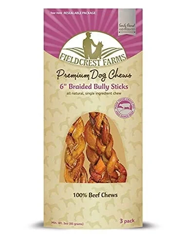 Fieldcrest Farms Braided Bully Sticks and Natural Chews – Beef – 6 In – 2 Pack