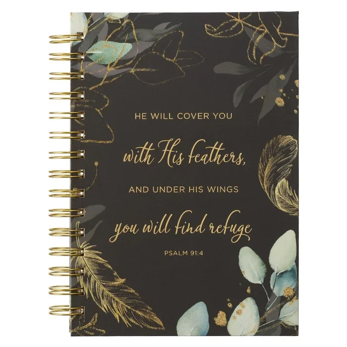 Find Refuge Black and Gold Feather Large Wirebound Journal – Psalm 91:4 JLW129