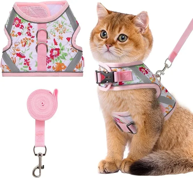 Floral cat Leash and Harness Set. The cat Harness Escape Proof Feature Allows You to Walk You cat, Small Dog or Rabbit Without Worries. This Kitten Harness and Leash is Cute and Trendy