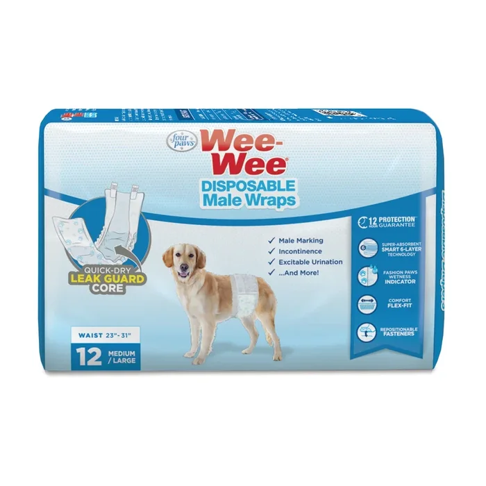 Four Paws Wee-Wee Disposable Male Dog Wraps 12 Count – Medium / Large