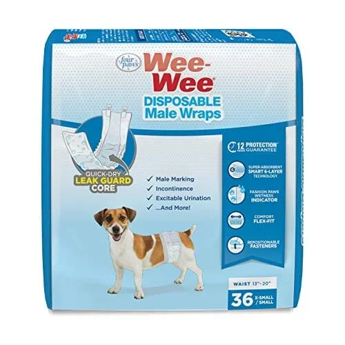 Four Paws Wee-Wee Disposable Male Dog Wraps Dog Diapers – Extra Small – Small all 36 Pack