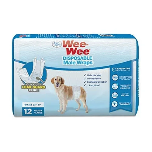 Four Paws Wee-Wee Disposable Male Dog Wraps Dog Diapers – Medium /Large – 12 Pack