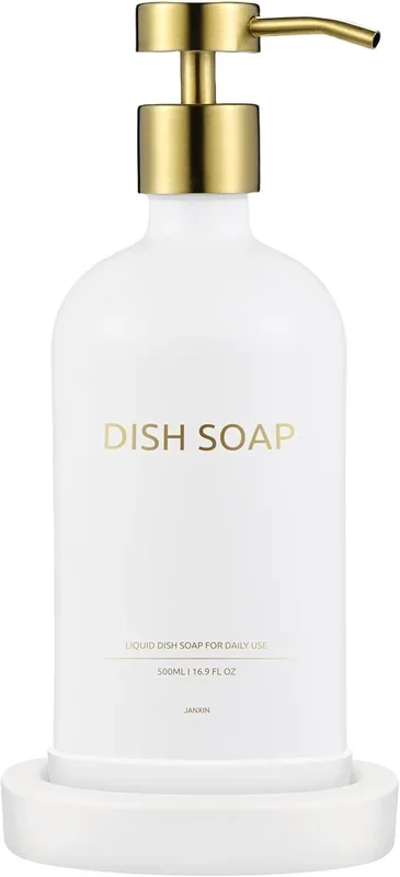 Glass Soap Dispenser Set by Janxin,Bathroom Soap Dispenser Set with Ceramic Tray,Luxury Bathroom Accessories,Modern Kitchen Decor (White+Gold(Dish Soap))