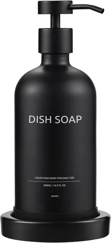 Glass Soap Dispenser Set by Janxin,Bathroom Soap Dispenser Set with Ceramic Tray,Luxury Bathroom Accessories,Modern Kitchen Decor (Black(Dish Soap))