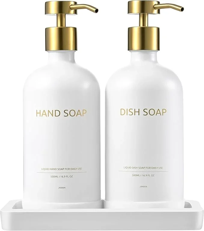 Glass Soap Dispenser Set with Ceramic Tray, 16.9 floz Hand and Dish Soap Dispenser for Bathroom Decor, White and Gold Kitchen Accessories (White Bottles + Gold Pumps)