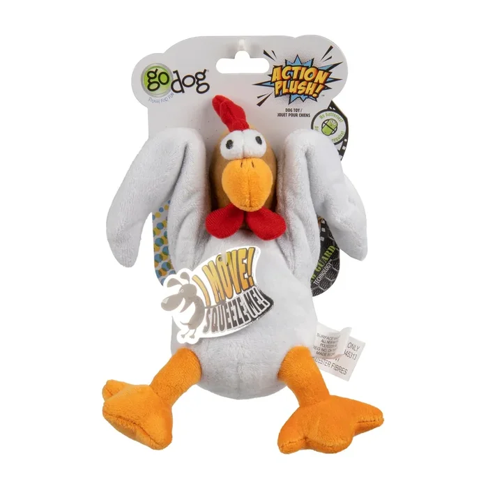 GoDog Action Battery-Free Reacting Squeaky Chicken Plush Dog Toy – Tan