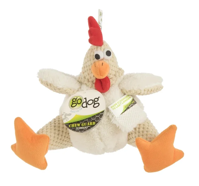 GoDog Checkers Sitting Rooster Squeak and Plush Dog Toy with Chew-Guard Tech – White – Large
