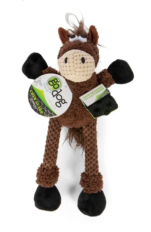 GoDog Checkers Skinny Horse Plush Dog Toy with Chew-Guard Tech – Brown – Small