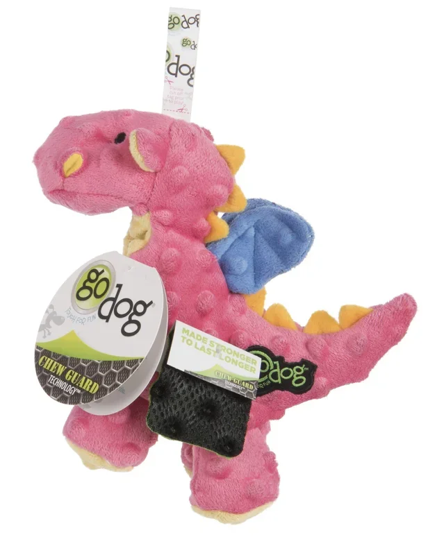 GoDog Dragon Squeak and Plush Dog Toy with Chew-Guard Tech – Coral – Mini