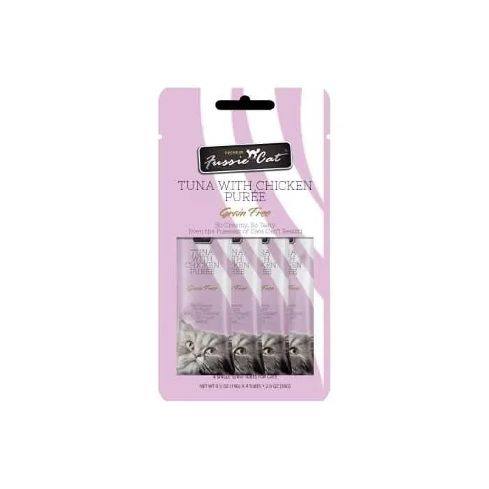 Golosina para gatos Fussie Cat de atún con puré de pollo, paquete de 4, tamaño de 2 oz