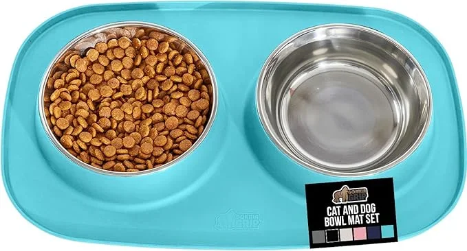 GORILLA GRIP Feeding Mat Set, 4 Cup, Patent Pending 100% Waterproof BPA Free Silicone, Stainless Steel Cat and Dog Bowls, Slip Resistant, Edges Catch Water Food, US Designed Pet Accessories, Turquoise