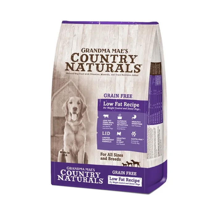 Grandma Mae’s Country Naturals, Grandma Mae’s Country Naturals Grain Free Low Fat Recipe for Weight Control and Seniors Dry Dog Food, Pork, 14 Lbs
