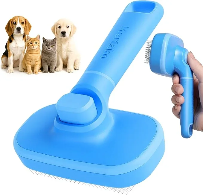 Hertzko Self Cleaning Slicker Brush for Cats & Dogs – Grooming Tool for Shedding Long & Short Hair – Retractable Bristles Pet Brush – Easy-Clean Cat & Dog Deshedding – Painless Detangling – Blue