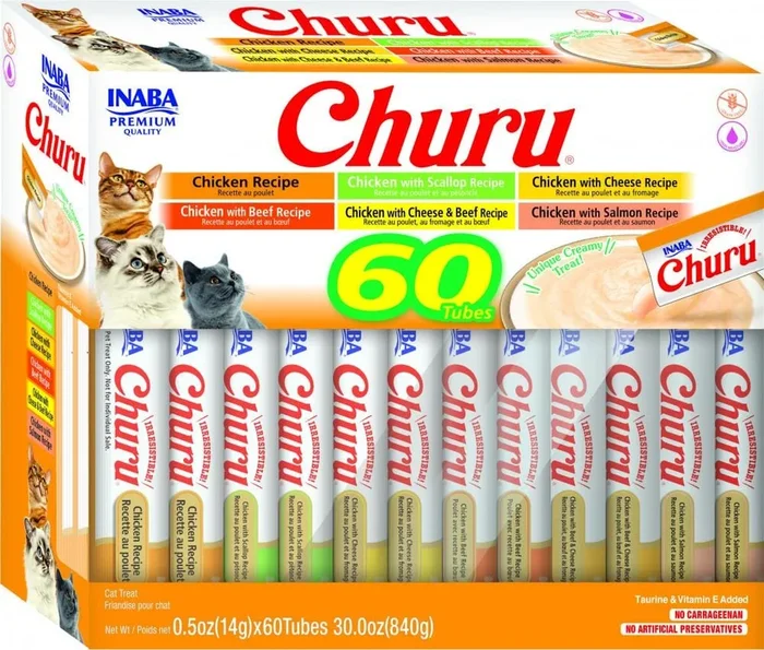Inaba Churu Chicken Lickable and Squeezable Puree Cat Treat Pouches – Variety Pack – .5 Oz – Case of 60