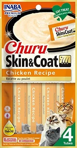 Inaba Churu Puree Skin & Coat Cat Treats – Chicken – .5 Oz – 4 Pack – Case of 6